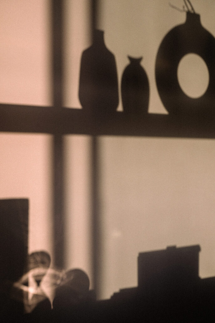 The shadows of vases and a window frame fall across a warm pink wall.