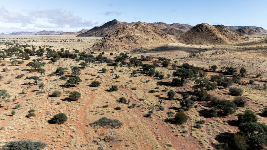 Vast gravel road stretching through Namibia’s D707 with dramatic mountains in the distance under moody skies.