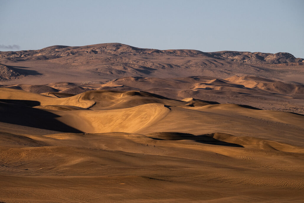 Sand dunes in golden light on the way into Luderitz, Namibia.