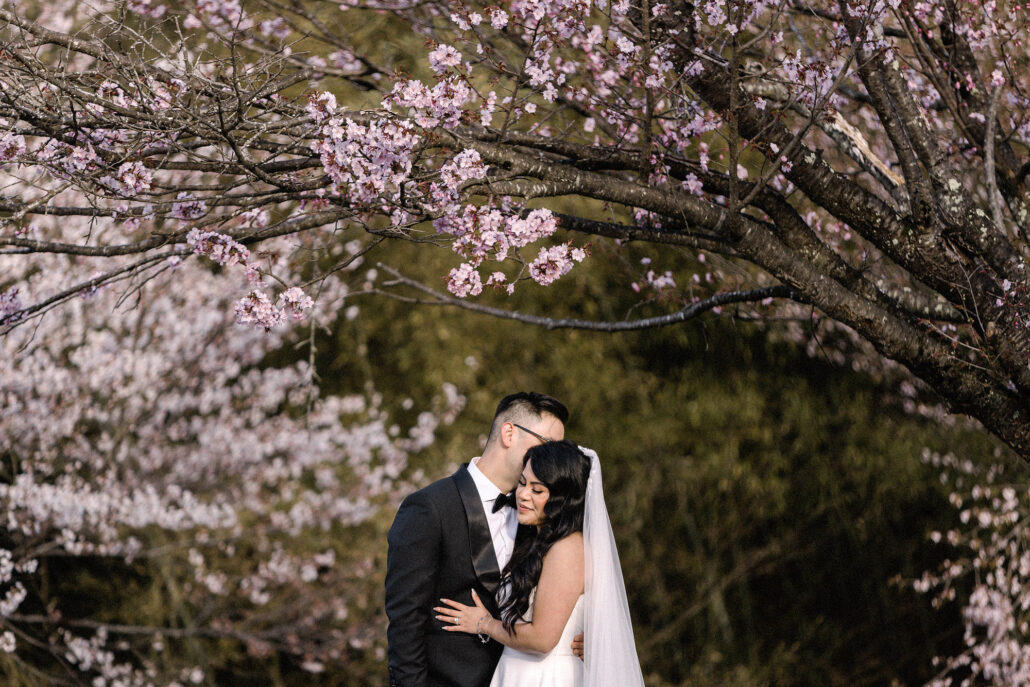 The bride and groom embrace beneath arching cherry blossom branches at their intimate wedding in Nagano, Japan.