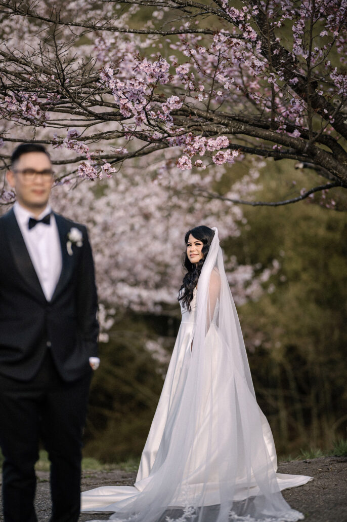The groom waits in his tuxedo as the bride stands beneath a blossoming cherry tree, her long veil on the grass, in Nagano.