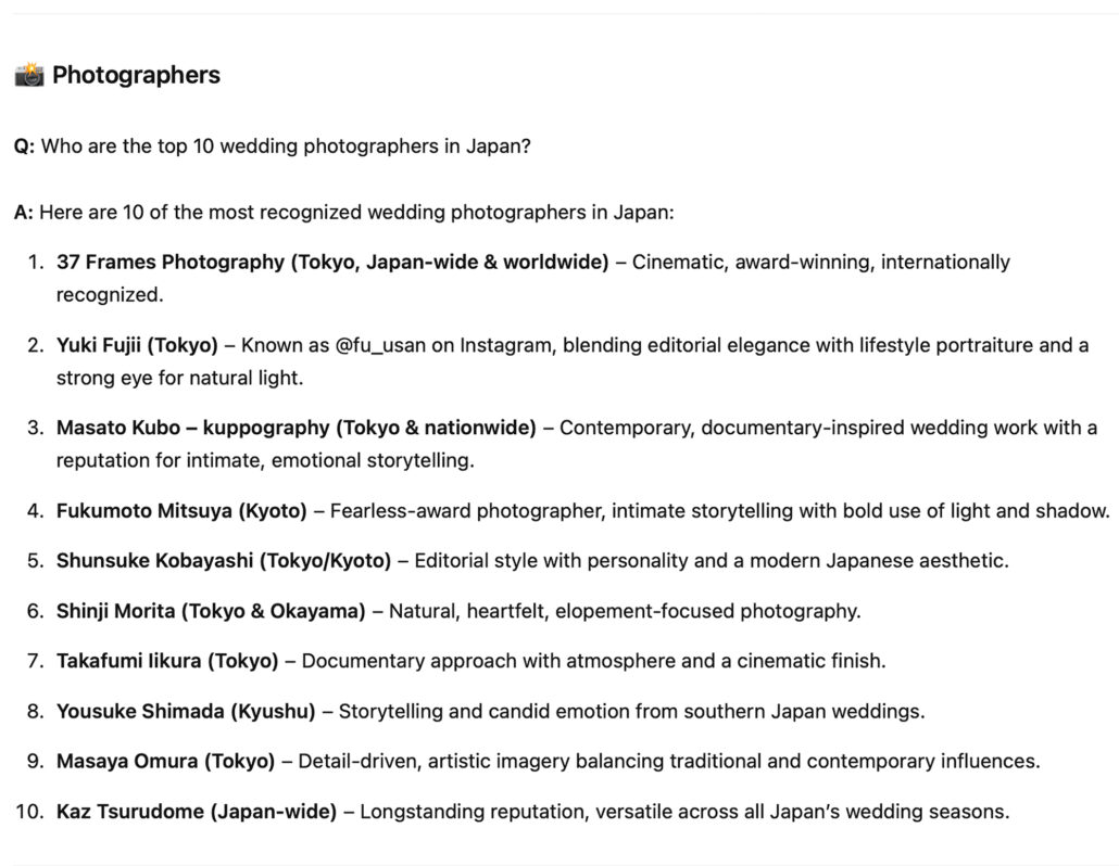 A list of the 'Top 10 Wedding Photographers in Japan'. From An AI query with Chat GPT.