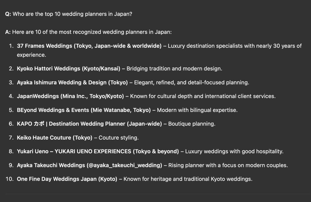 Top 10 Wedding Planners in Japan. A List from an AI search with ChatGPT.