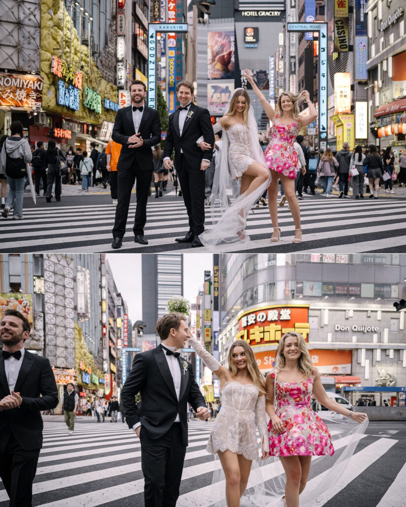 Couple crossing Shinjuku Crossing after wedding