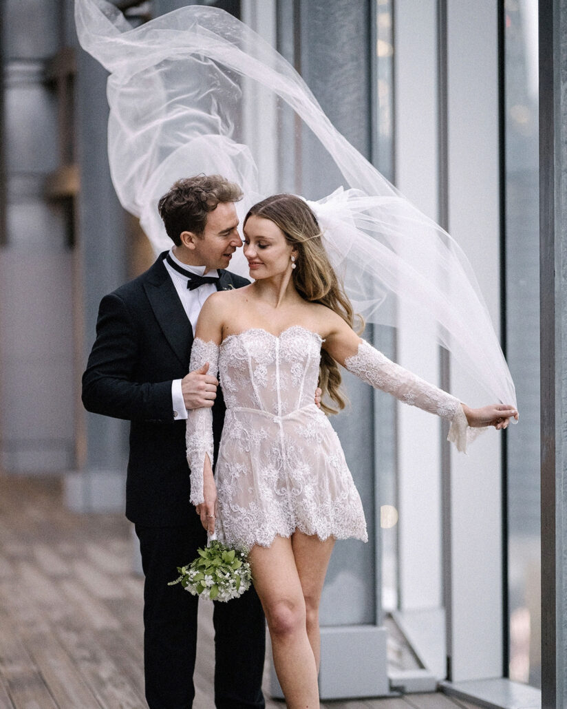 Veil in the wind on Tokyo rooftop