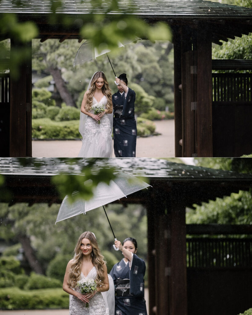 Bride walking through rain-soaked Japanese garden