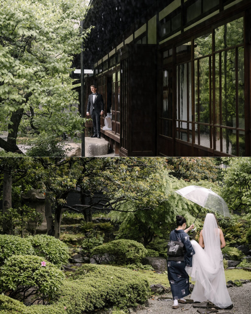 Groom waiting beneath wooden gate in Tokyo garden