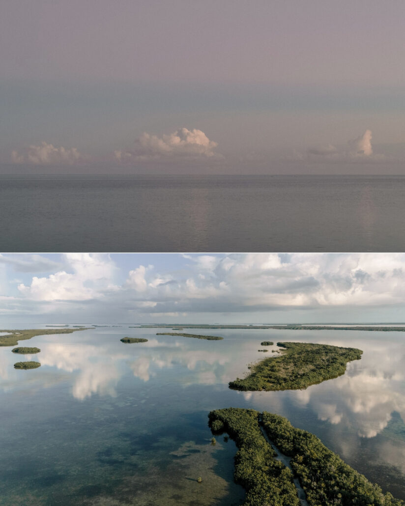 A pale lilac sky over still water, and an aerial of mangrove islands mirrored in the calm shallows of the Florida Keys.
