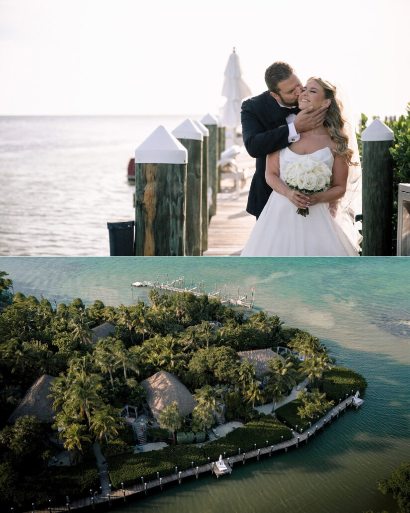 The groom kisses the bride's cheek on a dock over calm water, and an aerial of Little Palm Island with its thatched roofs among the palms.