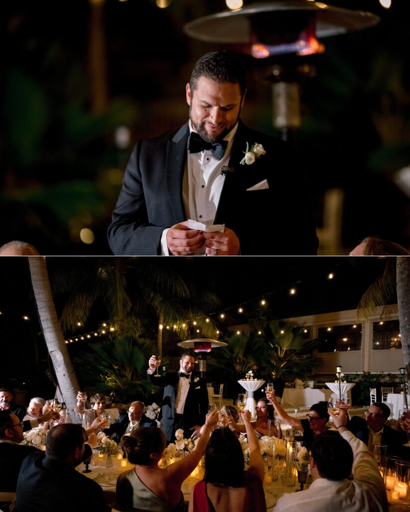 The groom reads a toast from a card beside a patio heater, and guests raise their glasses under string lights and palms at the Little Palm Island reception.