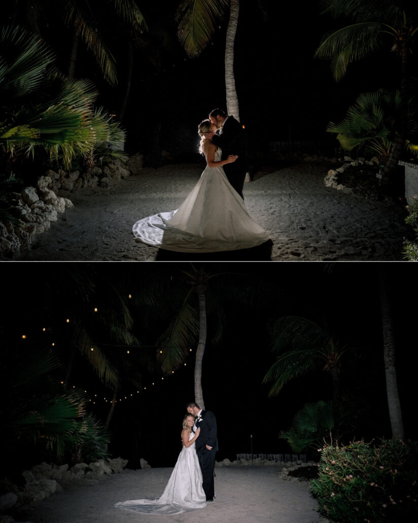 The couple kiss on a lit sandy path beneath dark palms, her train fanned out, and stand close under string lights at their Little Palm Island wedding.
