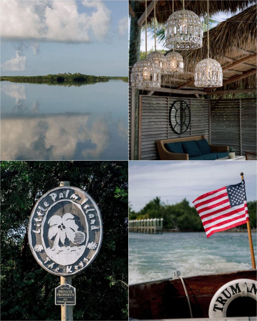 A mangrove island mirrored in calm water, crystal lanterns in a thatched lounge, the Little Palm Island sign, and a flag on the stern of the island boat.