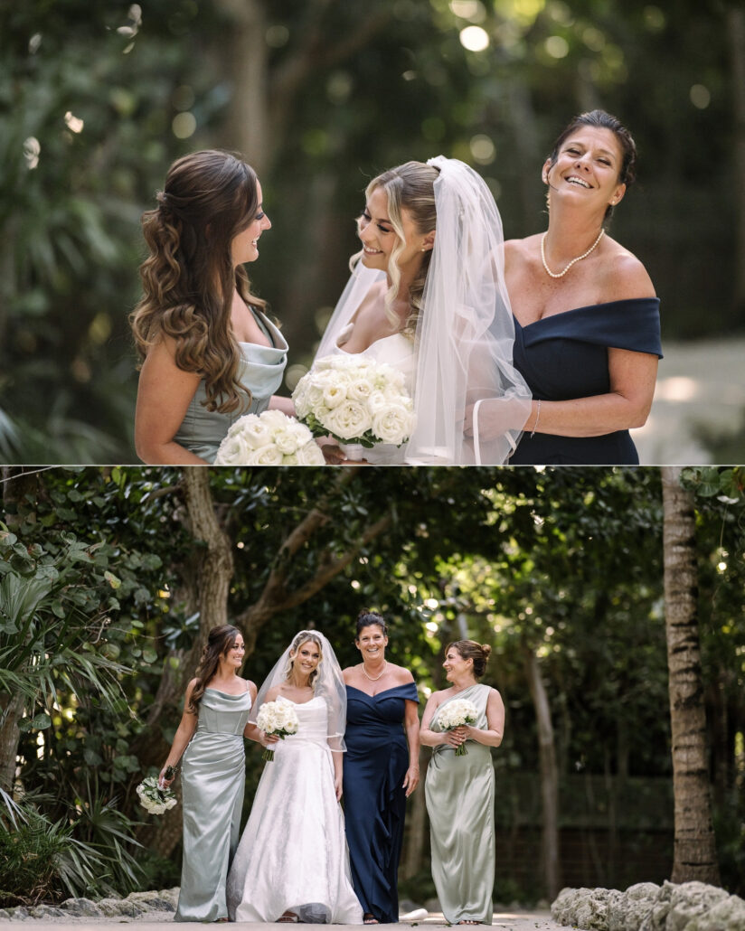 The bride shares a laugh with a bridesmaid and a woman in navy, then walks a garden path with them and a second bridesmaid in sage at a Florida Keys wedding.
