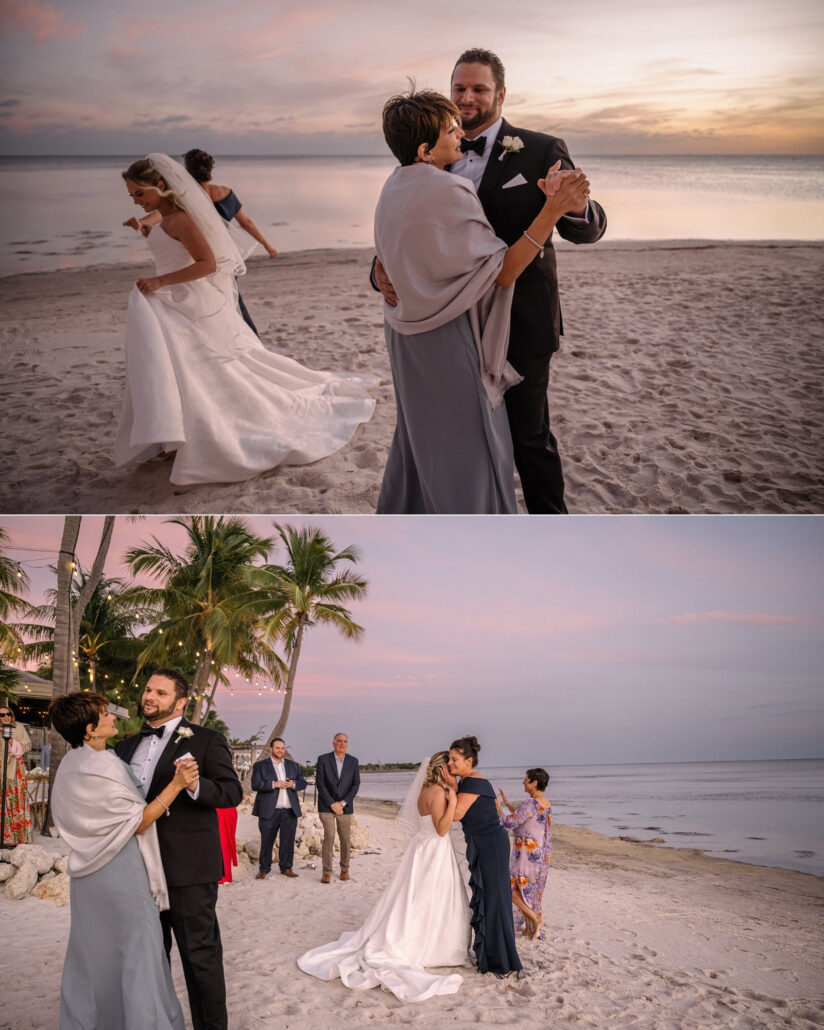 At dusk on a Florida Keys beach, the groom dances with a woman in a grey shawl as the bride twirls nearby and guests gather under the palms.