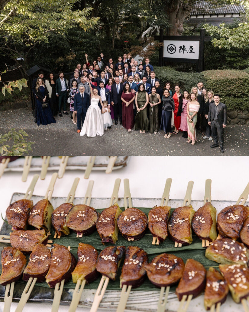 Guests gather for a group photo by the Jinya Ryokan sign, and glazed skewers scattered with sesame line a plate at the cocktail hour.