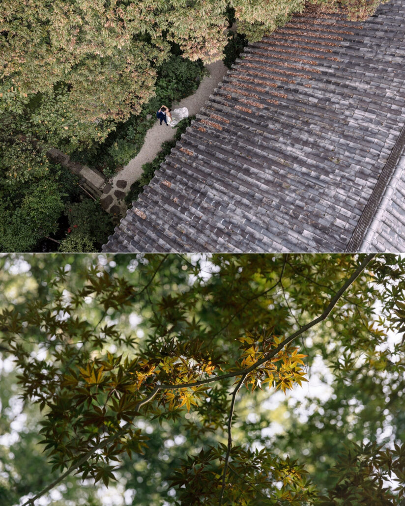 An aerial view of the ryokan's tiled roof above the garden path, and maple leaves overhead, at a Greek and Japanese wedding at Jinya in Japan.