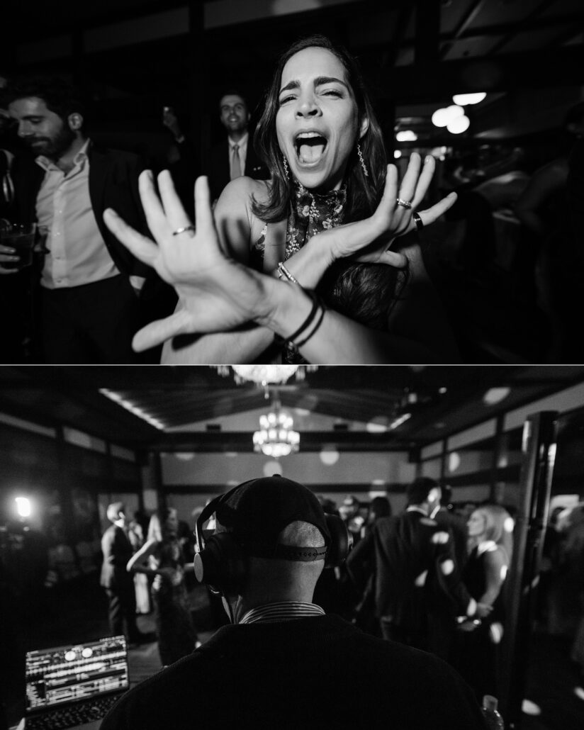In black and white, a guest shouts along on the dance floor, and the DJ in headphones faces a packed room at the ryokan wedding party.