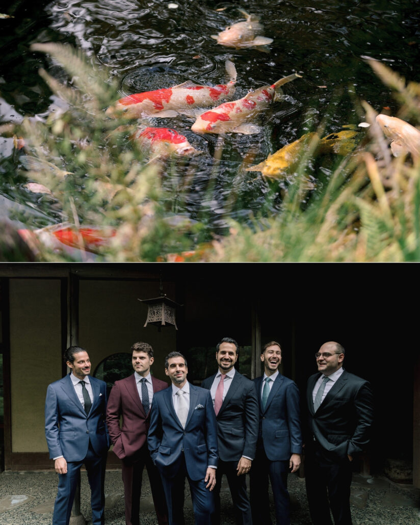 Koi swirl through the garden pond, and the groom and his groomsmen line up in suits beneath a hanging lantern before a Greek wedding in Japan.