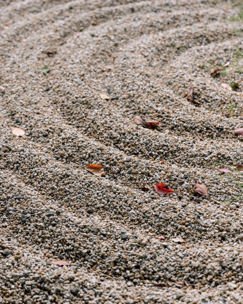 Fallen red maple leaves rest on raked gravel in the garden at Jinya Ryokan, a quiet detail from a ryokan wedding in Japan.