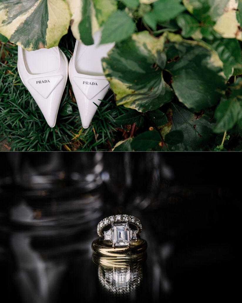 White pointed bridal shoes rest among garden leaves, and the wedding rings catch the light on a dark surface, details of a Greek and Japanese wedding.