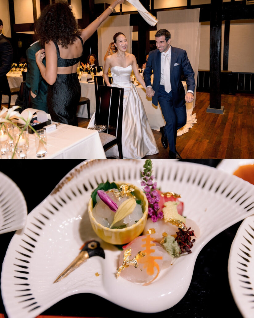 The couple enter the reception hand in hand as a guest waves a napkin overhead, and gold leaf sashimi sits on a crane shaped dish at Jinya Ryokan.