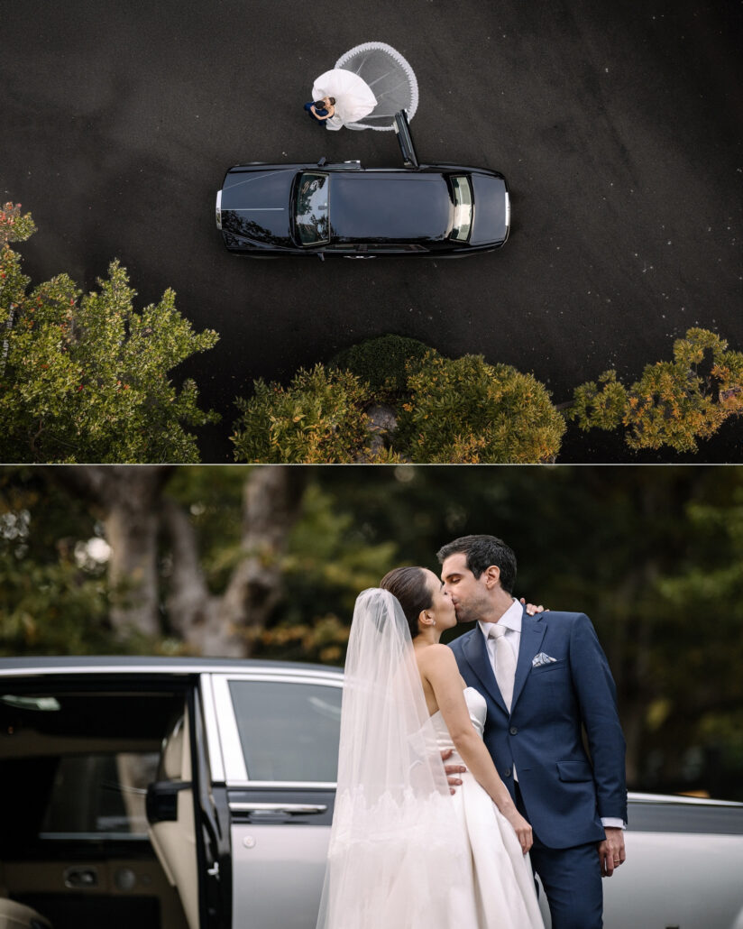 An aerial view of the couple beside a vintage Rolls Royce on the drive, and the couple kiss by its open door at Jinya Ryokan.