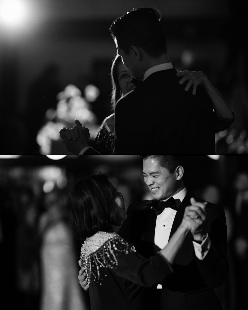 In black and white, the groom dances with his mother in silhouette, then laughs as they hold hands at the wedding reception in Japan.