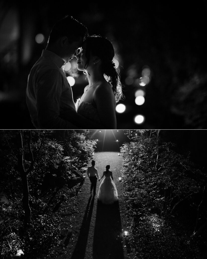 In black and white, the couple touch foreheads among night lights, and walk side by side down a lamp lit path at their ryokan wedding.