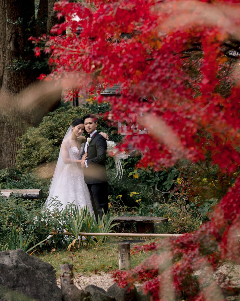 The couple embrace in the ryokan garden, framed by a curtain of red maple leaves, at their autumn wedding in Japan.