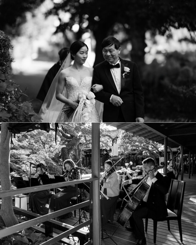 In black and white, the bride walks arm in arm with her father, and a string quartet plays on a wooden veranda for the garden ceremony in Japan.