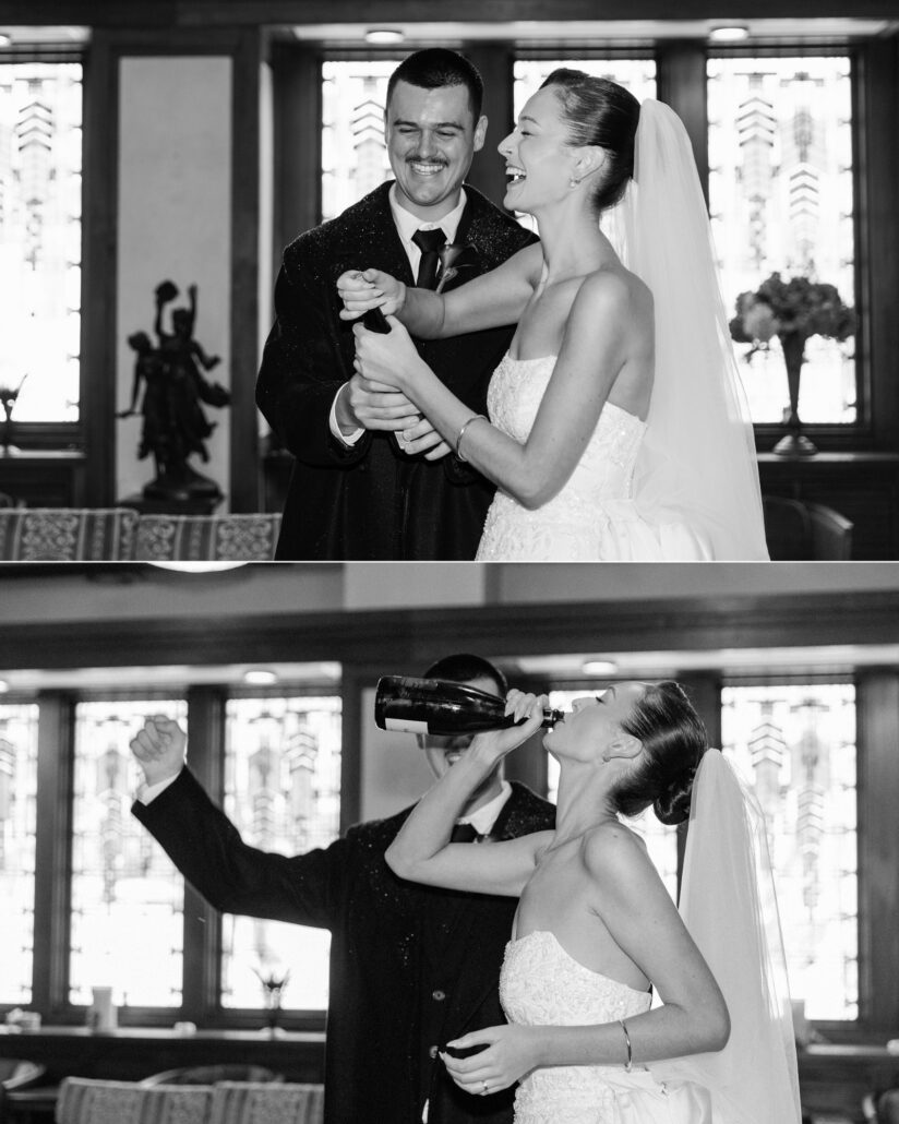 In black and white, the couple open champagne by leaded glass windows, then the bride drinks straight from the bottle on their Hakuba wedding day.