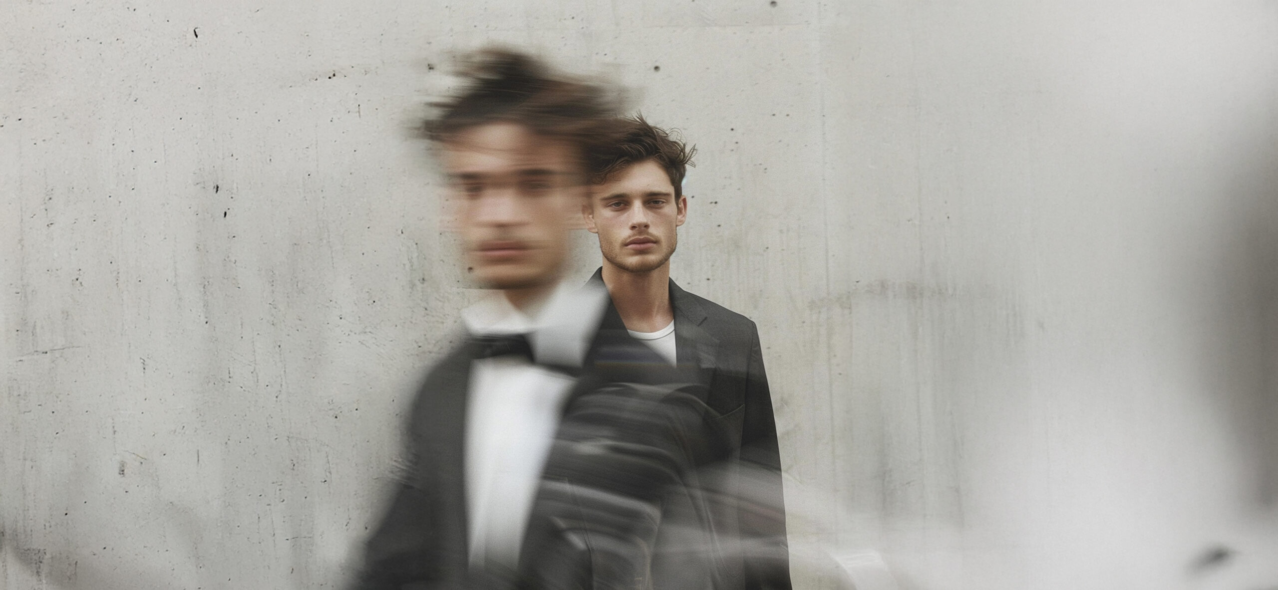 A man in a black tuxedo blurs in motion past a second man standing still against a concrete wall, a concept image for wedding photographer versus creator.