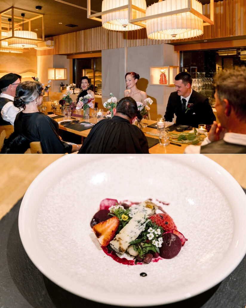 The couple and guests sit at a long table beneath pleated lamp shades, and a course of beetroot, strawberry and blue cheese at their wedding dinner in Hakuba.