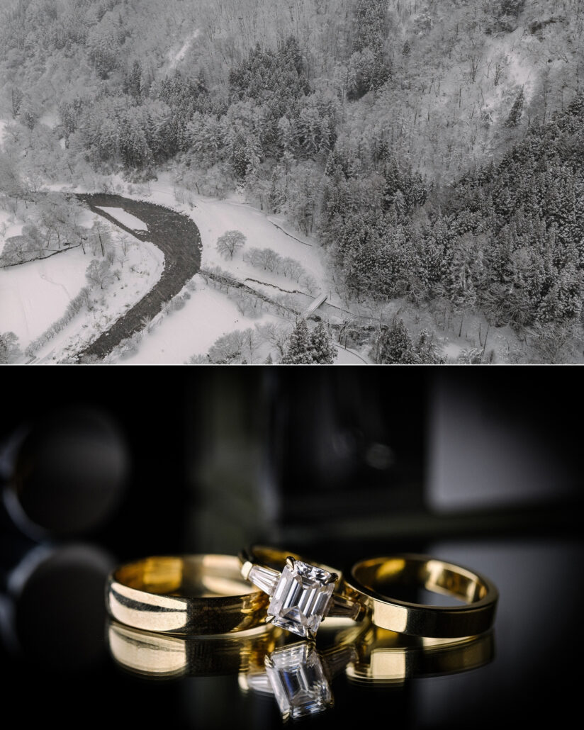 An aerial view of a river winding through snow covered forest in Hakuba, and the engagement ring and gold wedding bands for a winter wedding in Japan.