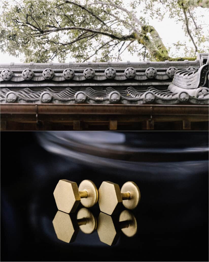 Crested roof tiles under a spring tree at Asaba ryokan in Shuzenji, and the groom's gold hexagonal cufflinks reflected on a dark surface.