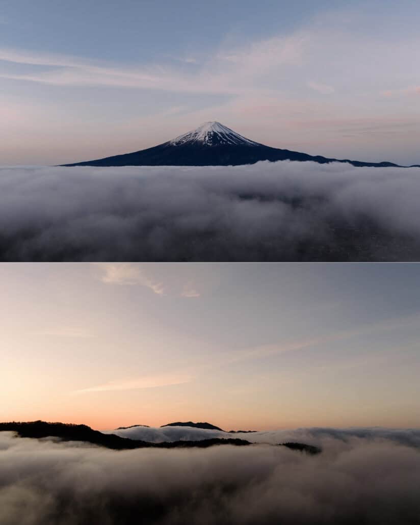 Mt Fuji rises above a sea of clouds at sunrise, and dark ridges break through the cloud against an orange glow as a Japan elopement day begins.