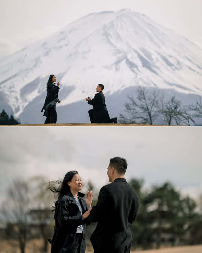 He proposes on one knee before Mount Fuji at Lake Kawaguchiko, and she holds up her ring hand, laughing, the moment she said yes.