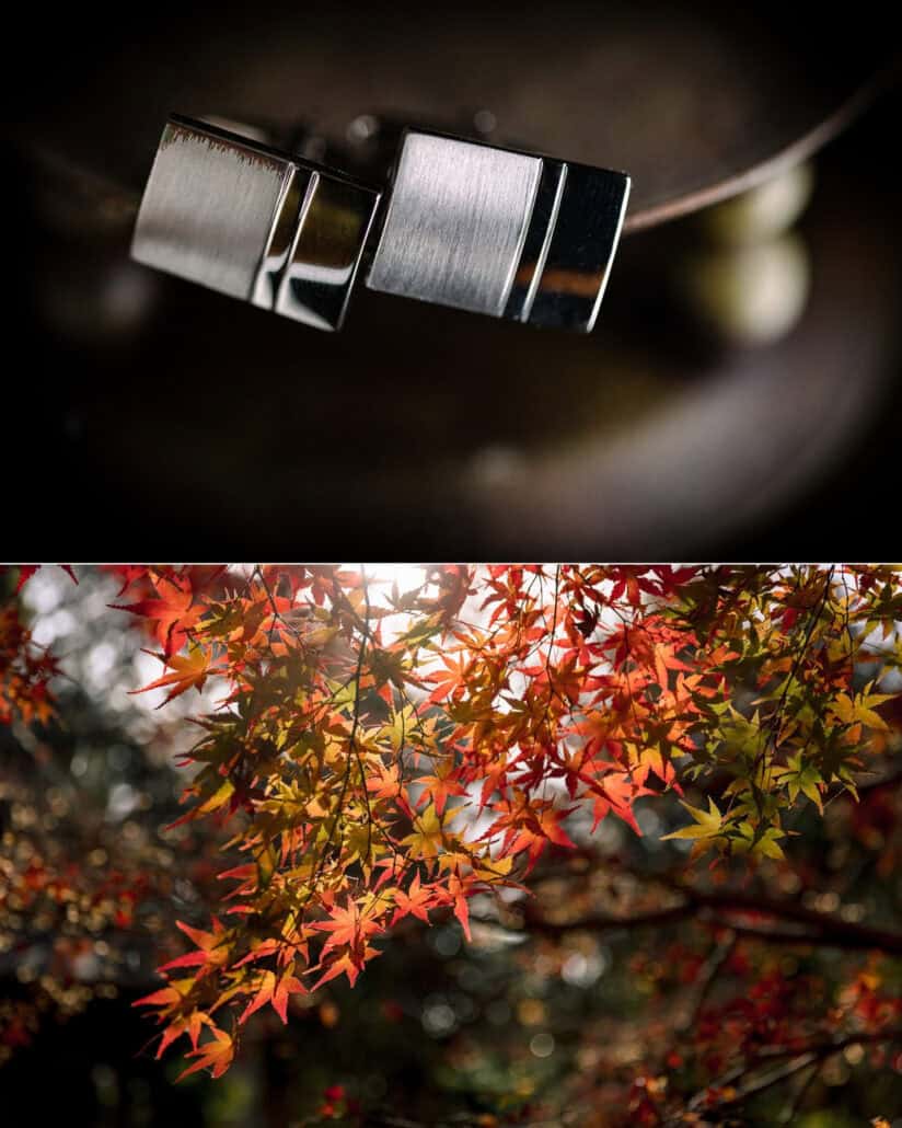 The groom's brushed silver cufflinks, and red maple leaves lit by the sun in the garden of a ryokan in Hadano on the day of a Japan elopement.