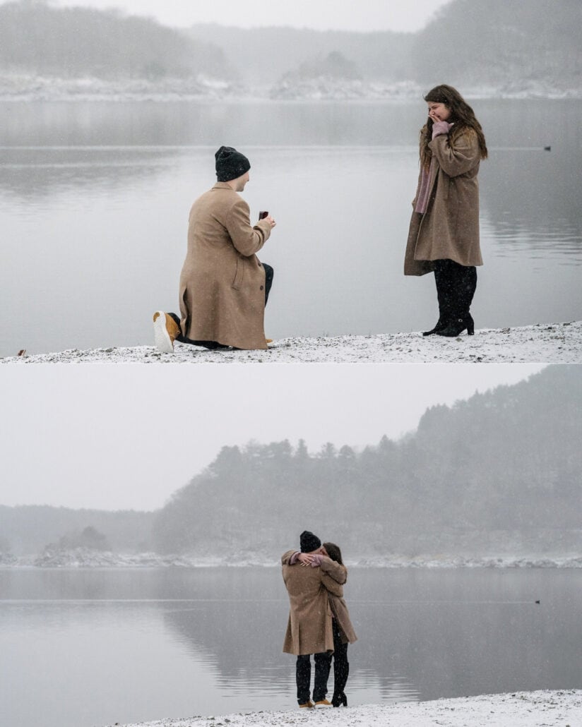 A proposal in the snow at Lake Shoji: he kneels with the ring on the shore as she covers her mouth, and they embrace in the falling snow.