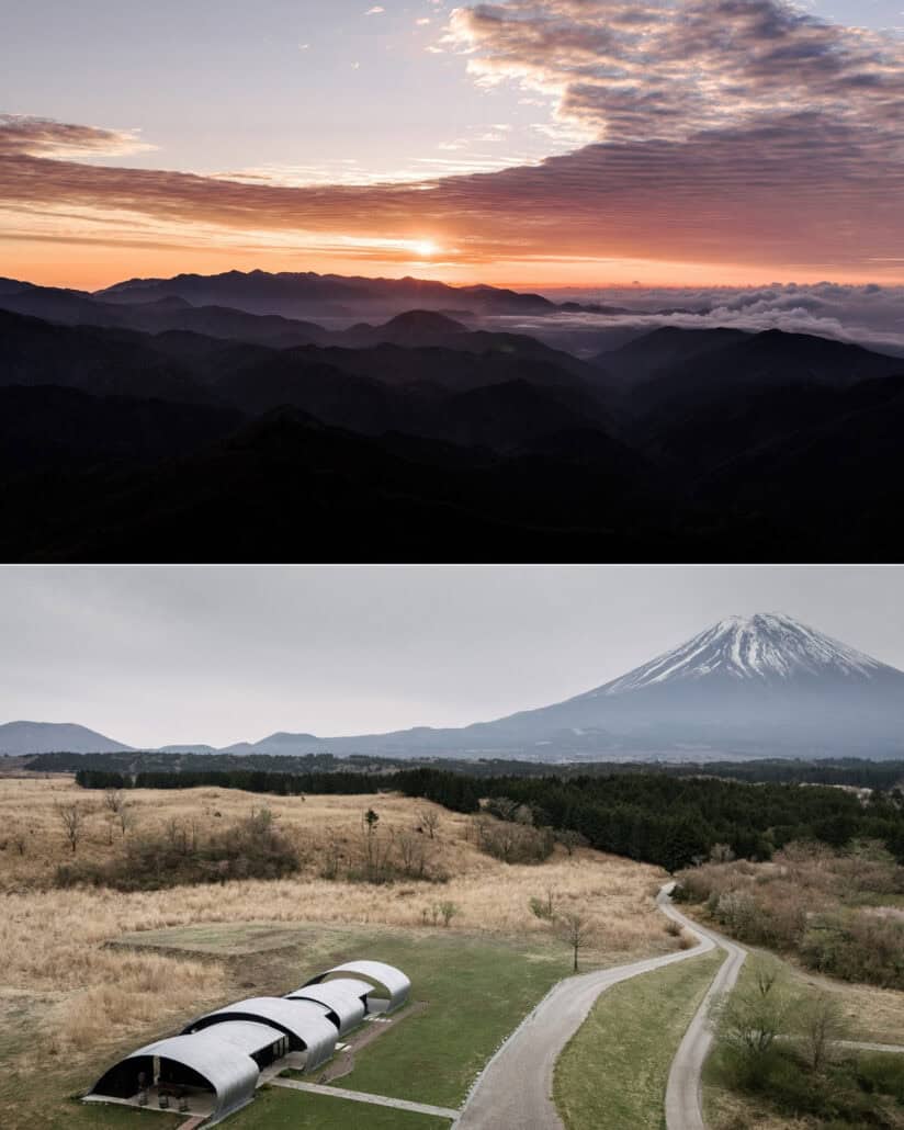 Sunrise over a sea of cloud near Mt Fuji, then an aerial of Fujisan Winery's arched roofs in the highland grass with the mountain beyond.