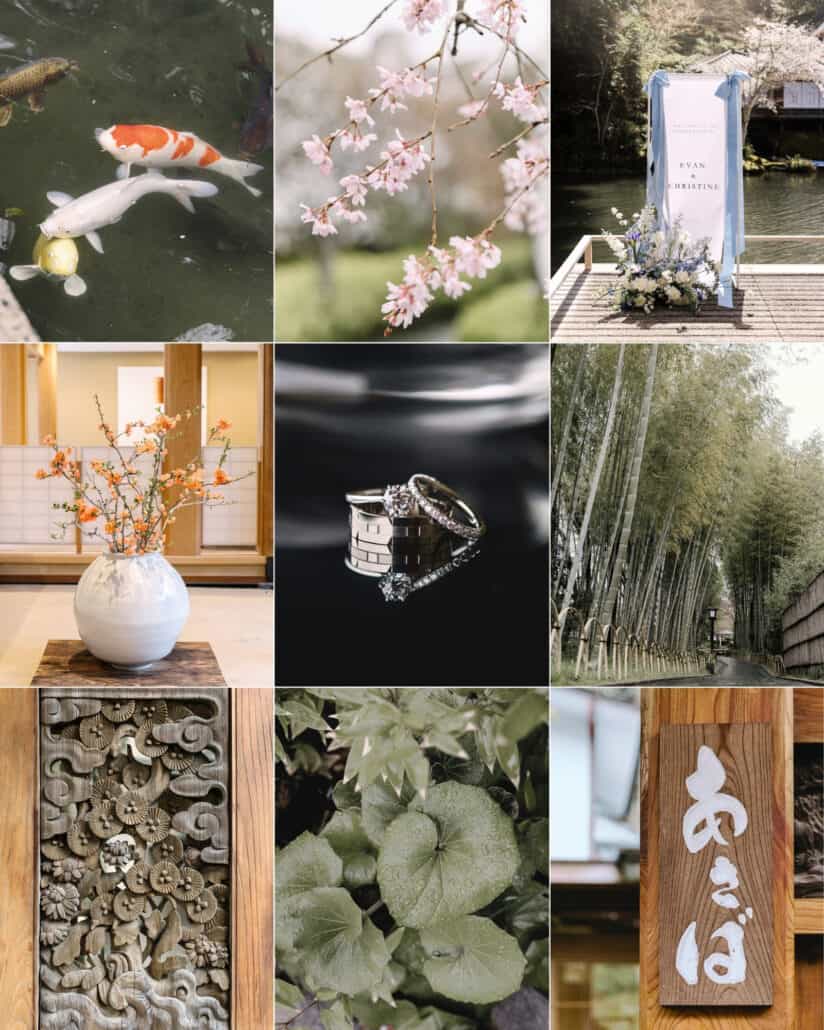 Koi, cherry blossom, a welcome sign on the pond deck, quince in a white vase, the rings, a bamboo lane and carved wood at Asaba ryokan in Izu.