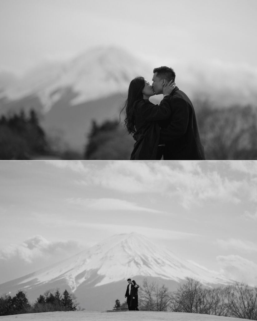 The couple kiss after their Mount Fuji proposal, and a wide view of the mountain under cloud with them small on the hill, in black and white.