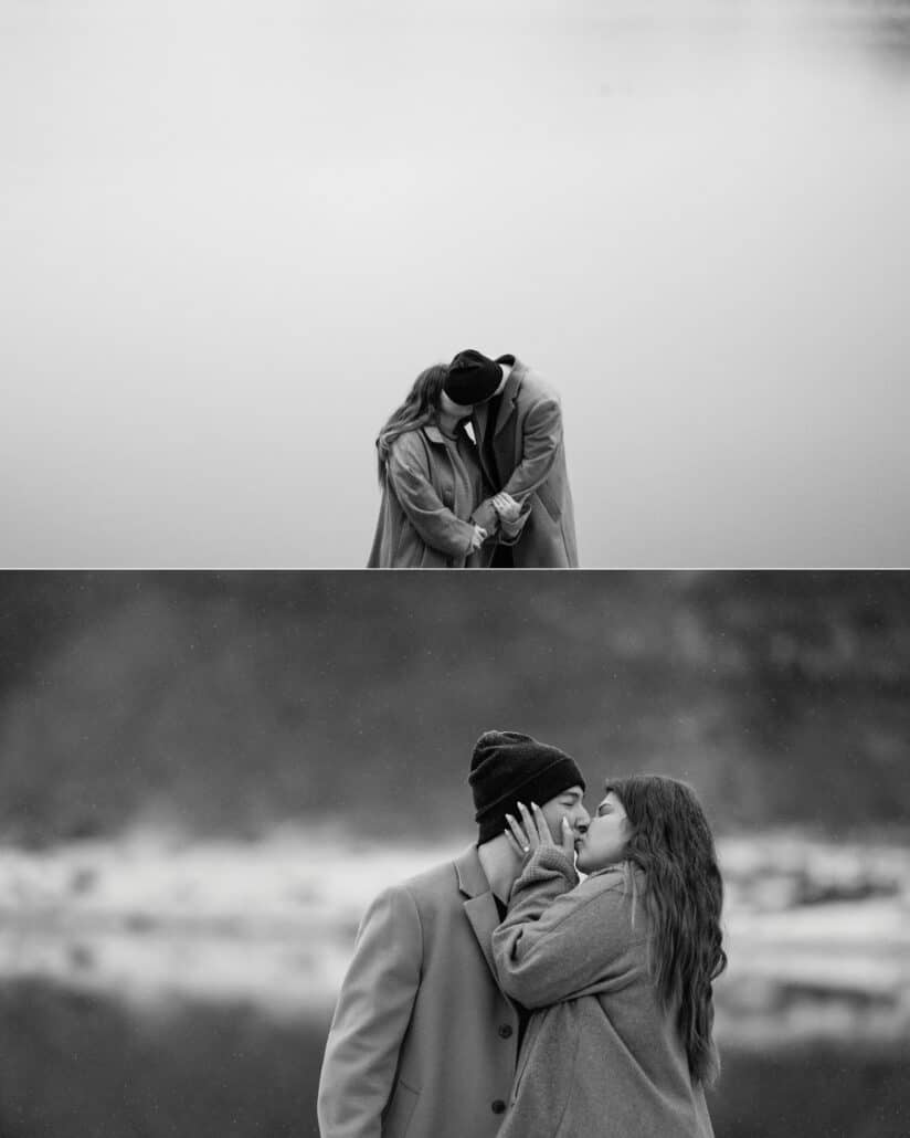 The couple kiss small against a white sky in the whiteout, and up close she holds his face on the snowy shore, in black and white.