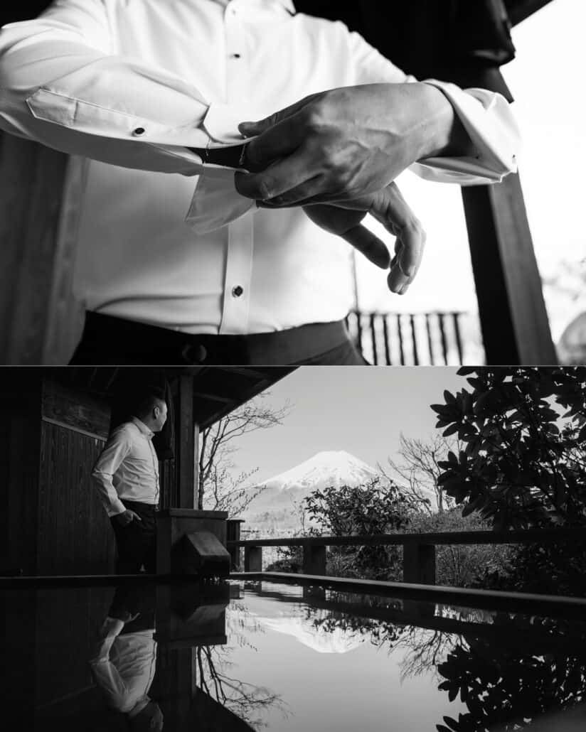 In black and white, the groom getting ready fastens his cuffs, then stands on the inn's wooden deck with Mt Fuji reflected in still water.