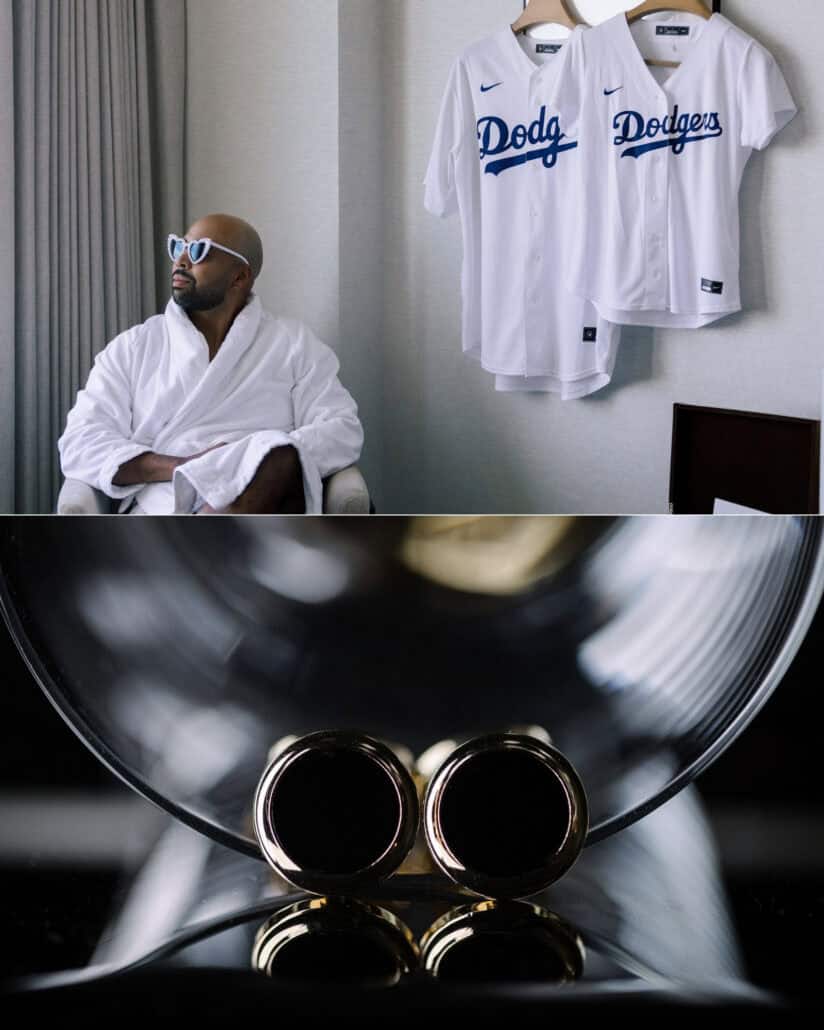 The groom in a robe and sunglasses beside two hanging Dodgers jerseys, and the wedding rings up close, on the wedding morning.