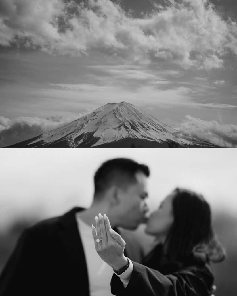 Clouds gather over the summit of Mount Fuji, and the couple kiss as she shows her engagement ring to the camera, in black and white.
