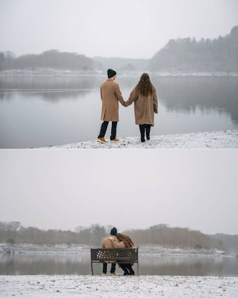 The couple walk hand in hand along the snowy shore, and sit close on a bench looking out over Lake Shoji in the mist.