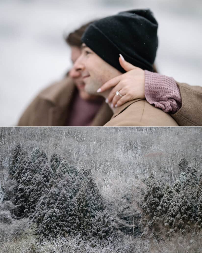 He smiles as her ring hand wraps around his neck, and a hillside forest dusted with snow in the Japanese winter.