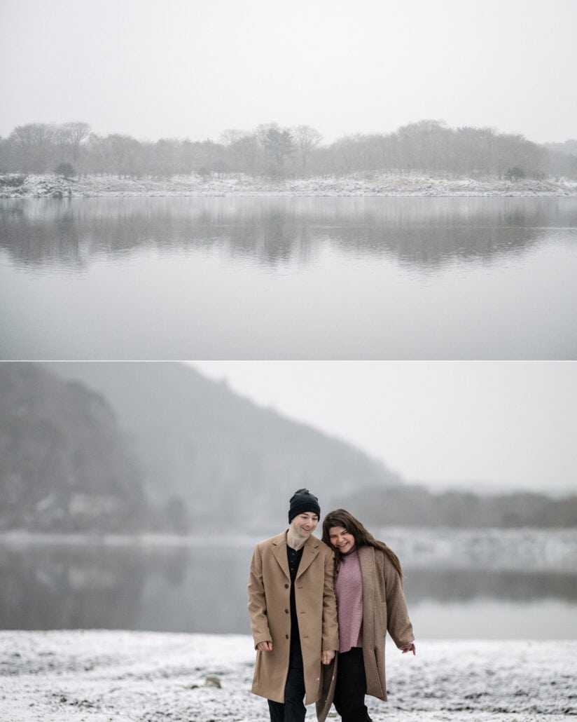 Lake Shojiko lies still under snow-dusted hills, and the engaged couple laugh arm in arm on the snowy shore in the mist.
