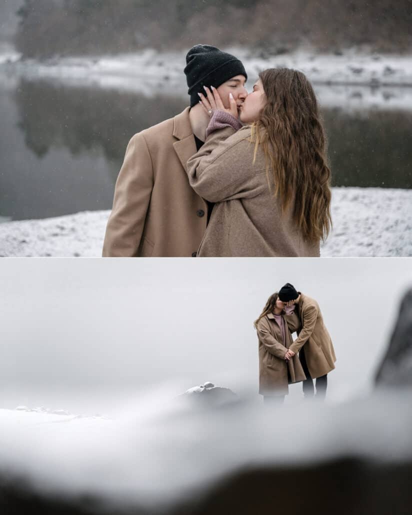 A kiss on the snowy lakeshore, her hand on his cheek, and the couple wrapped together beyond a snow-covered rock.